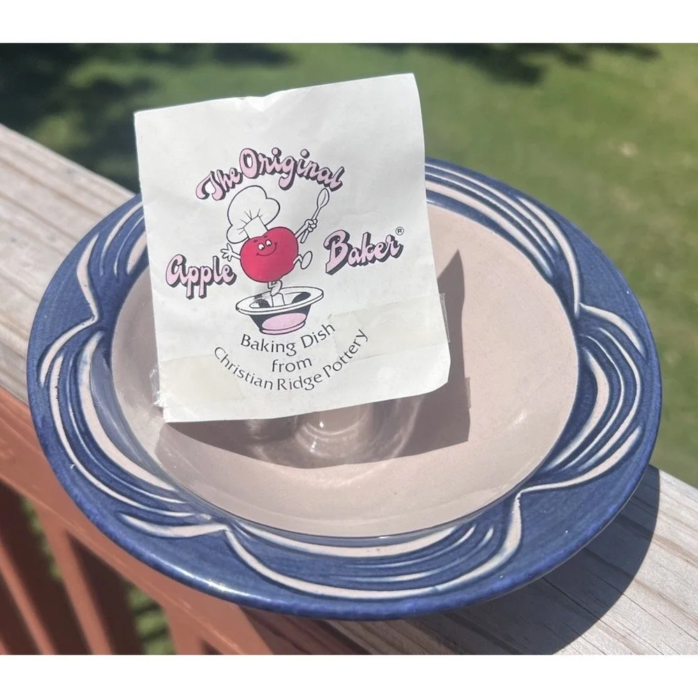 Vintage Original Apple Baker by Christian Ridge Pottery Unused Blue Beige